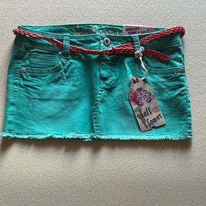 New Turquoise Denim Mini Skirt with Belt (Size 7)